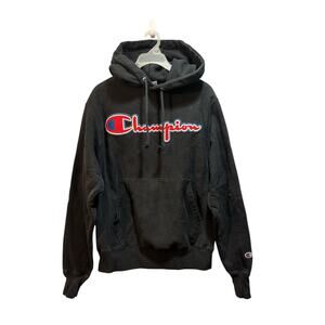 Champion men’s small black pullover hoodie with red lettering.